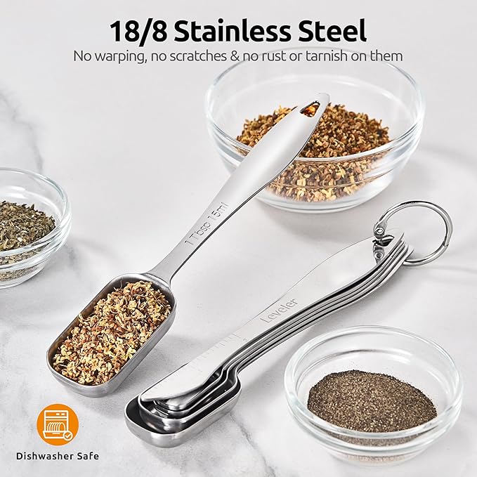U-Taste Narrow Square Measuring Spoons: 18/8 Stainless Steel Kitchen Measure Teaspoon Tablespoon with Leveler, Polygon Rectangular Metal Jar Scoop for Baking Cooking, Coffee, Spice, Powder (Set of 8) - Image 3