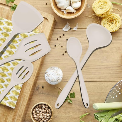 E-far 10 Pieces Silicone Cooking Utensils Set, Heat Resistant Kitchen Utensil Set for Nonstick Cookware, Kitchen Cooking Tools with Spatula, Spoon, Slotted Turner, Non-Toxic & Dishwasher Safe (Khaki) - Image 8