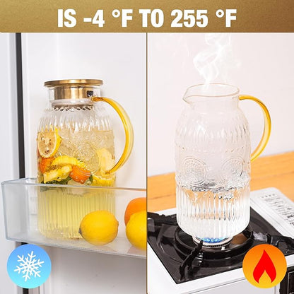 Amzcku Glass Pitcher with Lid, 68 oz/ 2 Liter 2Pack Vintage Water Pitcher,Glass Water Carafe for Cold Brew, Coffee, Lemonade, Iced Tea,Beverage, Heat Resistant Jug