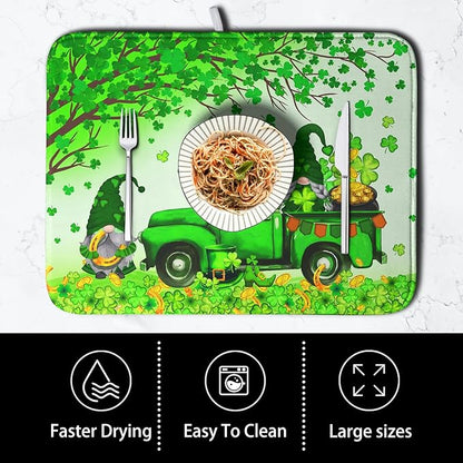St Patricks Day Shamrock Drying Mat for Kitchen Counter Green Gnome Truck Dishes Drying Mat St. Patricks Day Spring Washable Dish Drying Pad Absorbent Microfiber Dishes Drainer Mats 16x18 Inch - Image 4