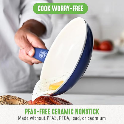 GreenLife 16 Piece Nonstick Cookware Set, Soft Grip Non-Toxic PFAS-Free Ceramic Pots & Pans, Dishwasher & Oven Safe, Frying, Sauce, Saute, Utensils, Glass Lids, Stay-Cool Handles, Wobble Free, Blue - Image 2