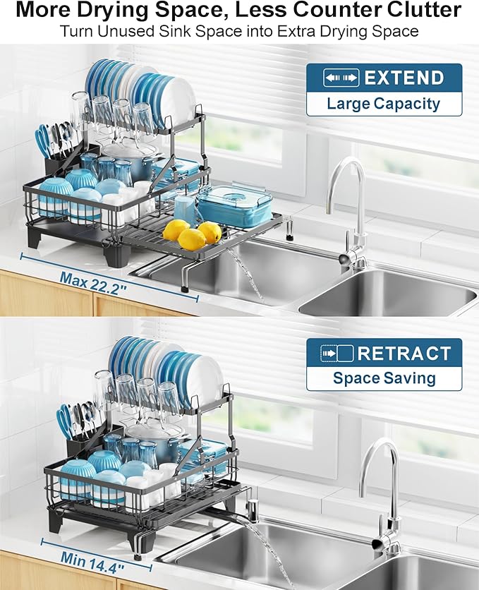 GSlife Large 2 Tier Dish Drying Rack, Expandable Heavy-Duty Dish Rack for Kitchen Counter, Rust-Resistant Dish Drainer with Utensil & Cup Holder, Auto-Drain, 16.9" W x 14.4"-22.4" L, Black - Image 2