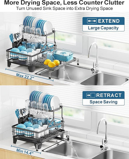 GSlife Large 2 Tier Dish Drying Rack, Expandable Heavy-Duty Dish Rack for Kitchen Counter, Rust-Resistant Dish Drainer with Utensil & Cup Holder, Auto-Drain, 16.9" W x 14.4"-22.4" L, Black - Image 2