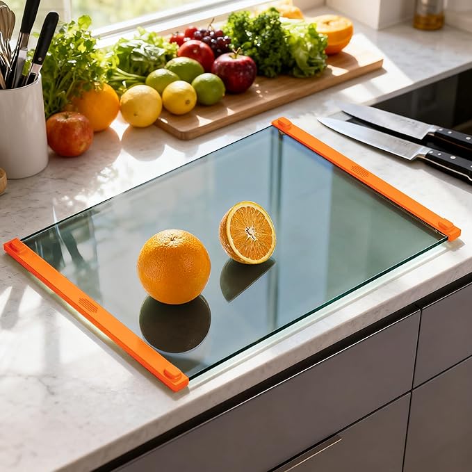 Glass Cutting Boards for Kitchen(12x16" & 12x8"),European Grey Glass Paired with Orange Silicone Grip,No Scratches/Microplastic-Free/Non Toxic,Excellent Gift for Mother's Day and Father's Day