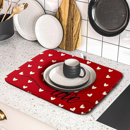 Giwawa Red Hearts Dish Drying Mat 16"x18", Valentines Day Symbol of Love Dish Drainer Mats, Romantic Reversible Dish Drying Rack Pad Protector for Kitchen Countertop Tabletop Small Decor