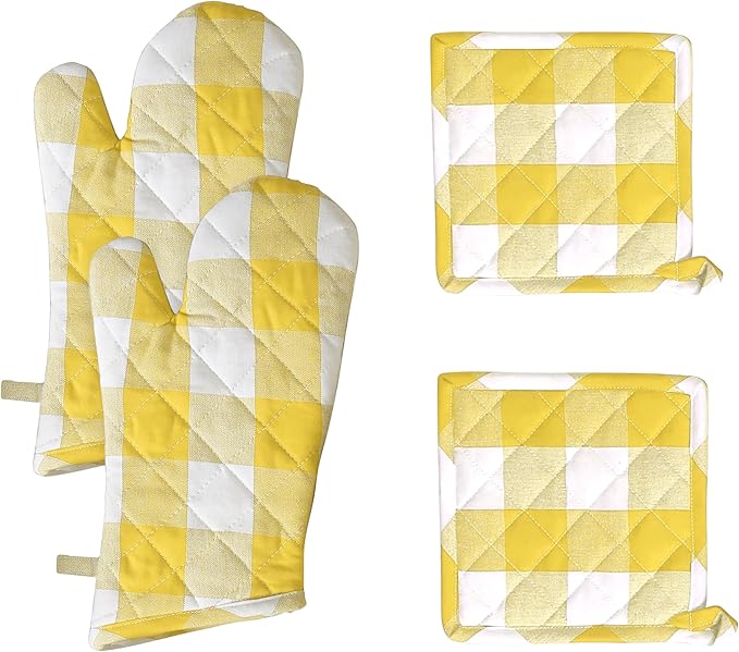 Native Fab Buffalo Plaid Check Oven Mitts and Pot Holders Set of 4, 100% Cotton Heat Resistant Kitchen Gloves, 2 Oven Mitts (7x13), 2 Pot Holders (8x8) for Cooking & Baking, Lemon Yellow White by NativeFab