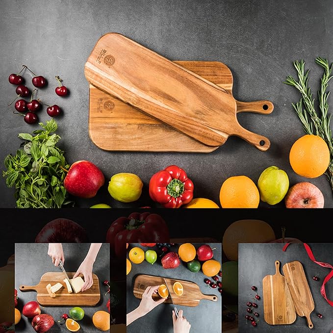Wood Cutting Board Set with Handle for Kitchen Large and Small Long 2 Packs Acacia Wooden Kitchen Cutting Boards for Meat, Cheese, Bread,Vegetables Fruits- Charcuterie Board Serving Board - Image 2