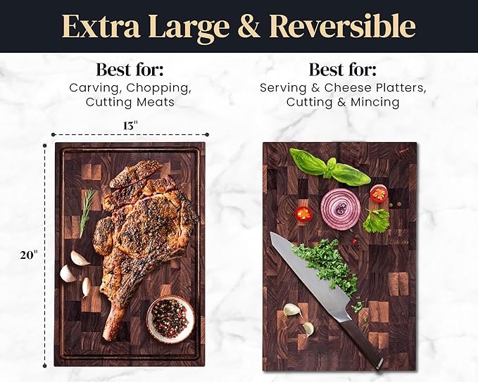 Mevell Walnut End Grain Cutting Board for Kitchen, Reversible Extra Large Wooden Butcher Block With Juice Grooves, Made in Canada (Walnut, 20x13x2) - Image 3