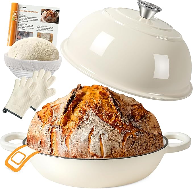 AHJ 6QT Dutch Oven For Bread Baking, Enameled Cast Iron Dutch Oven Pot with Lid, Multi-Functional Bread pan, Sourdough Baking Supplies with Proofing Basket, Cast Iron Bread Oven, Silicone Sling & Gloves. by AHJ