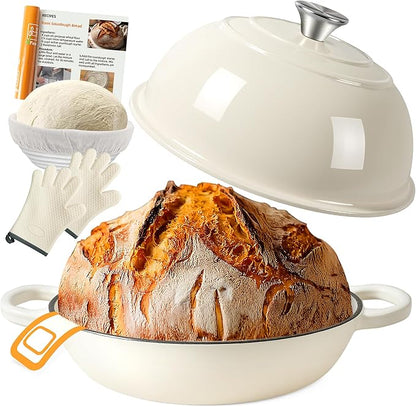 AHJ 6QT Dutch Oven For Bread Baking, Enameled Cast Iron Dutch Oven Pot with Lid, Multi-Functional Bread pan, Sourdough Baking Supplies with Proofing Basket, Cast Iron Bread Oven, Silicone Sling & Gloves. by AHJ