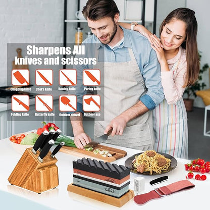 HMPLL Knife Sharpening Stone Set, Professional Whetstone 4 Side Grit 400/1000 3000/8000, Whetstone Knife Sharpener Stone Set Include Non-slip Base, Leather Strop, Flattening Stone & Angle Guide - Image 6