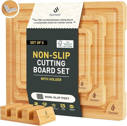 Bamboo Cutting Board Set Non Slip Feet with Holder Over Sink Kitchen Gadgets Seller 2025 First Apartment Must Haves Things Stuff Accessories House Warming Decor Housewarming Hostess Host Gifts by Socisen