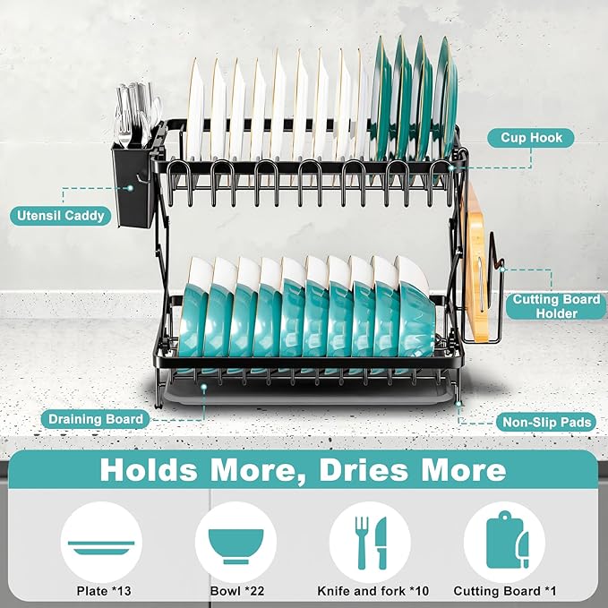 2-Tier Dish Racks for Kitchen Counter, Stainless Steel Kitchen Dish Drying Rack Large Dish Drainers for Kitchens Counter, Space Saving Dishes Strainer for Bowl, Plate, Cup - Modern Counter Organizer - Image 2
