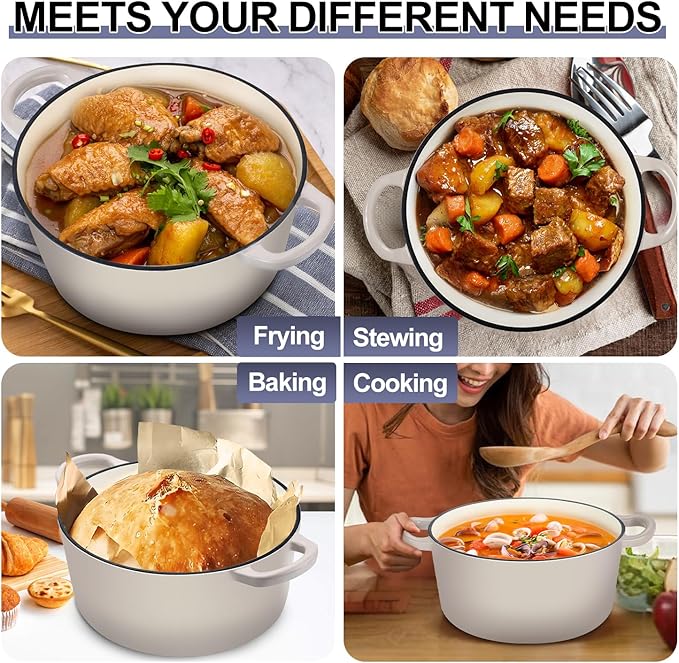 TeamFar Dutch Oven, 6QT Enameled Cast Iron Dutch Oven Cooking Pot with Lid & Dual Handles, for Bread Baking Braising Stewing, Heavy Duty & Non Stick, Oven & All Stovetops Safe - Khaki - Image 7