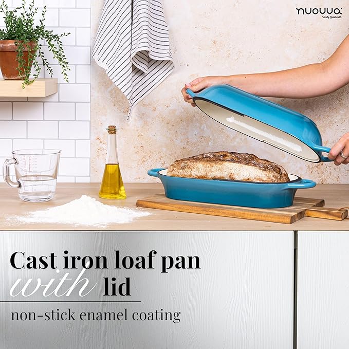 Enamelled Cast Iron Bread Loaf Pot – Dutch Oven For Sourdough Bread Baking – Oven Safe Non Stick Bread Pot – Rectangular, Light Blue, 34cm x 16cm – by Nuovva