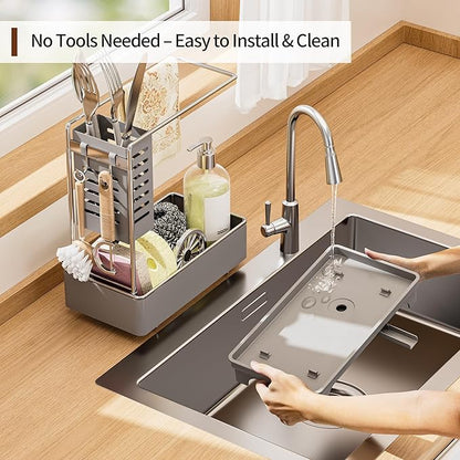 MOUKABAL Sponge Holder for Kitchen Sink, 2-Tier Sink Caddy Organizer with Drain Holes and Hooks, Holds Dishcloth, Sponge & Brushes, Kitchen Countertop Storage for New Home Essentials Grey - Image 5