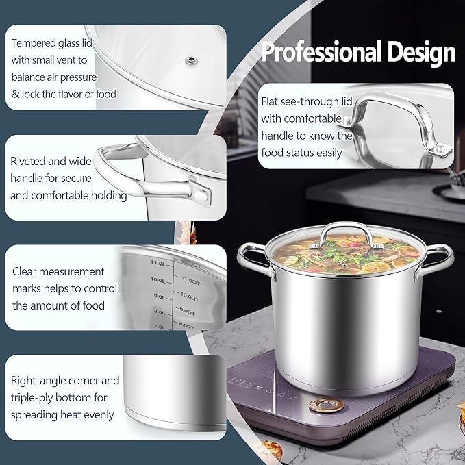 E-far 12 Quart Cooking Stock Pot, Large Stainless Steel Pot for Canning Simmering Stewing, Heavy Duty Cookware with Tri-ply Base for Induction Gas Stoves, Soup Pots with Glass Lid, Dishwasher Safe - Image 5