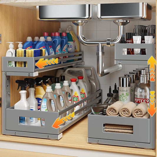 2-Pack 20.47"Deep Under Sink Organizer And Storage,2-Tier L-Shaped Pull Out Cabinet Organizer with Upgraded Slide Rails,Height Adjustable Drawers for Kitchen&Bathroom,Extra-Large Storage Shelves–Gray by UnderSinkOrganizer