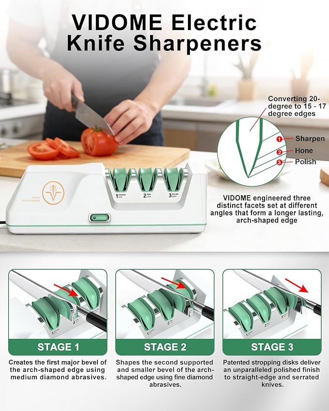 Electric Knife Sharpener with Replaceable Sharpening Head Easy to Change, 3-Stage & 15° Precision Angle Diamond Sharpening System for Metal Knives, Ceramic knives, Exquisite Gifts and Packaging