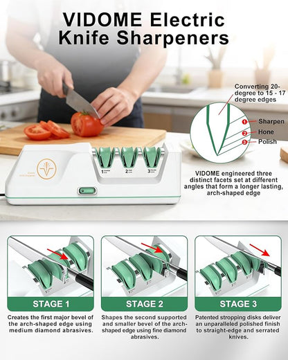 Electric Knife Sharpener with Replaceable Sharpening Head Easy to Change, 3-Stage & 15° Precision Angle Diamond Sharpening System for Metal Knives, Ceramic knives, Exquisite Gifts and Packaging