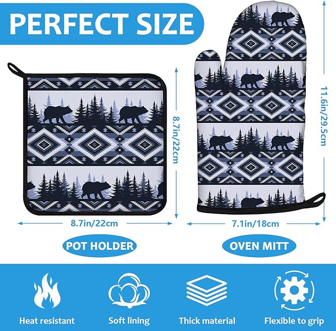 Vintage Rustic Bear Oven Mitts and Pot Holders Sets Heat Resistant 4Pcs Potholders Oven Gloves Hot Pads for Kitchen Baking Cooking Grilling BBQ