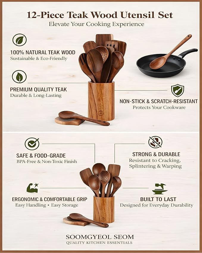 12-Piece Natural Teak Wood Utensil Set with Holder & Rest - Nonstick Cooking Spoons, Spurtles, Heat Resistant Tools - Image 6