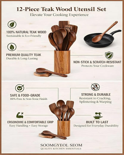 12-Piece Natural Teak Wood Utensil Set with Holder & Rest - Nonstick Cooking Spoons, Spurtles, Heat Resistant Tools - Image 6