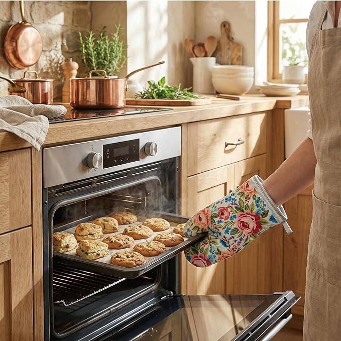 Floral Oven Mitts and Pot Holders Sets 2 Pcs, Canvas Heat Resistant Kitchen Mittens with Hot Pads, Vintage Farmhouse Country Decor, Non-Slip Cooking Baking Grilling Gifts for Women Mom (Flower5)
