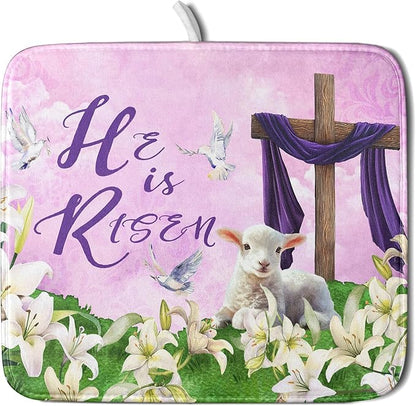 Giwawa Easter Purple Dish Drying Mat, He is Risen Cross Lamb Floral Dish Drainer Mats, Spring Lily Flowers Reversible Dish Drying Rack Pad Protector for Kitchen Countertop Decor, 16"x18"