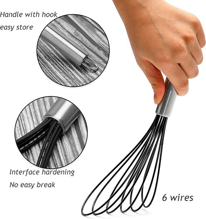 Flat Whisk Set,Stainless Steel 3 Pack 10''+11''+12'' Premium Sturdy-6 Silicone Heads Non Stick Wires Whisk for Blending Beating Stirring Kitchen Cooking by Jell-Cell (Black) - Image 2
