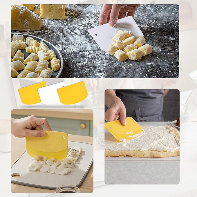 5 Pcs Bench Scraper, Bench Scraper Kitchen 2 Pcs Stainless Steel Dough Scraper with Wood Handle and 3 Pcs PP Food Scraper with Hanging Hole, Multipurpose Bread Dough Cutter for Baking-Yellow - Image 6