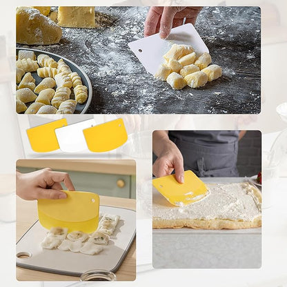 5 Pcs Bench Scraper, Bench Scraper Kitchen 2 Pcs Stainless Steel Dough Scraper with Wood Handle and 3 Pcs PP Food Scraper with Hanging Hole, Multipurpose Bread Dough Cutter for Baking-Yellow - Image 6
