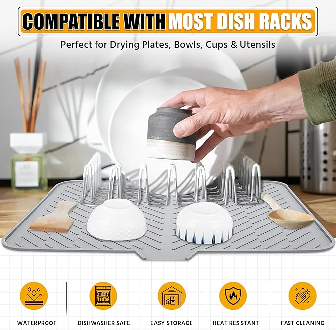 Luxet Silicone Dish Drying Mat with Built-in Drain Lip - Hygienic Drying Pad - Sturdy Compact Easy to Clean Tray Protects Surfaces Prevents Water Build Up - 23 X 17 (Grey) - Image 7