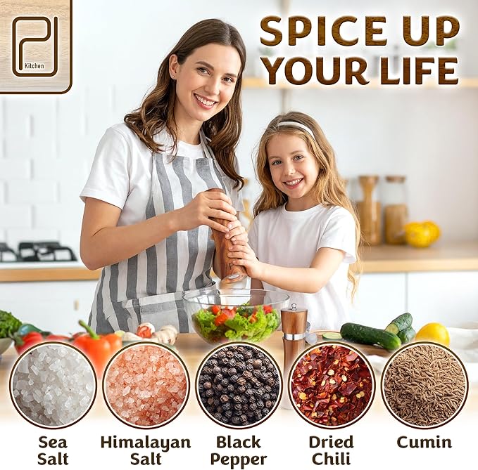 Salt and Pepper Acacia Wood Grinder Set with Wooden Holder Tray - 60 g / 2 oz each - Tall Modern Mill Shakers - Manual Refillable Mills for Peppercorn, Fancy Himalayan Salt + Spices - by PJC-Kitchen - Image 5