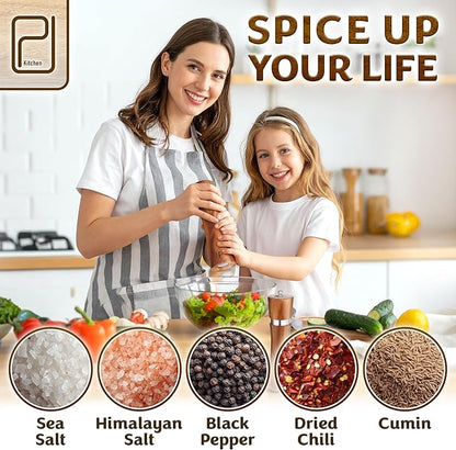 Salt and Pepper Acacia Wood Grinder Set with Wooden Holder Tray - 60 g / 2 oz each - Tall Modern Mill Shakers - Manual Refillable Mills for Peppercorn, Fancy Himalayan Salt + Spices - by PJC-Kitchen - Image 5