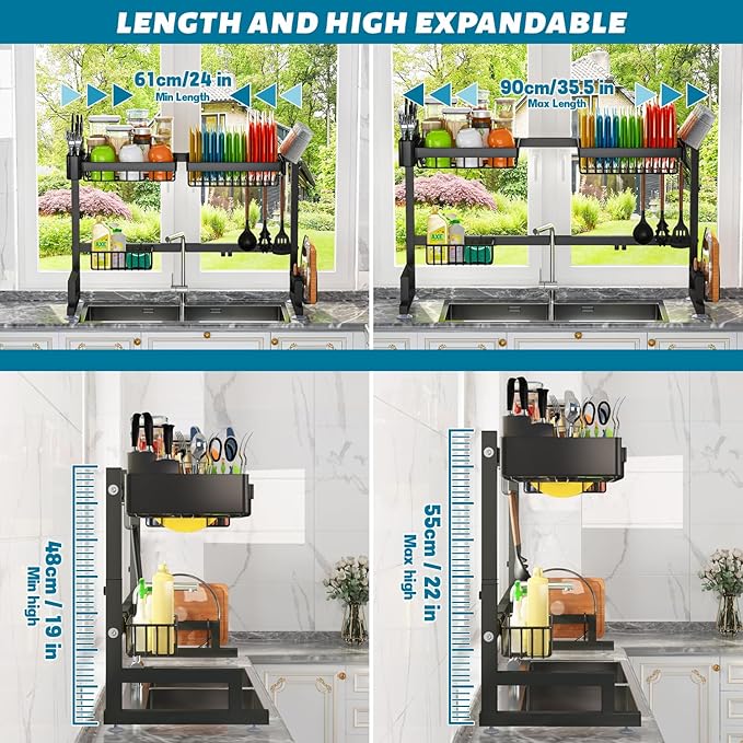ADBIU 【Fit Sink 24.5"- 32" L 2023 Version Over Sink Dish Drying Rack (Expandable Dimension) Snap-On Design 2 Tier Large Kitchen Dish Rack Stainless Steel Counter Organization and Storage - Image 5