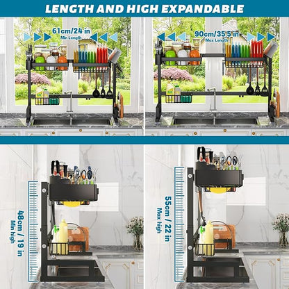 ADBIU 【Fit Sink 24.5"- 32" L 2023 Version Over Sink Dish Drying Rack (Expandable Dimension) Snap-On Design 2 Tier Large Kitchen Dish Rack Stainless Steel Counter Organization and Storage - Image 5
