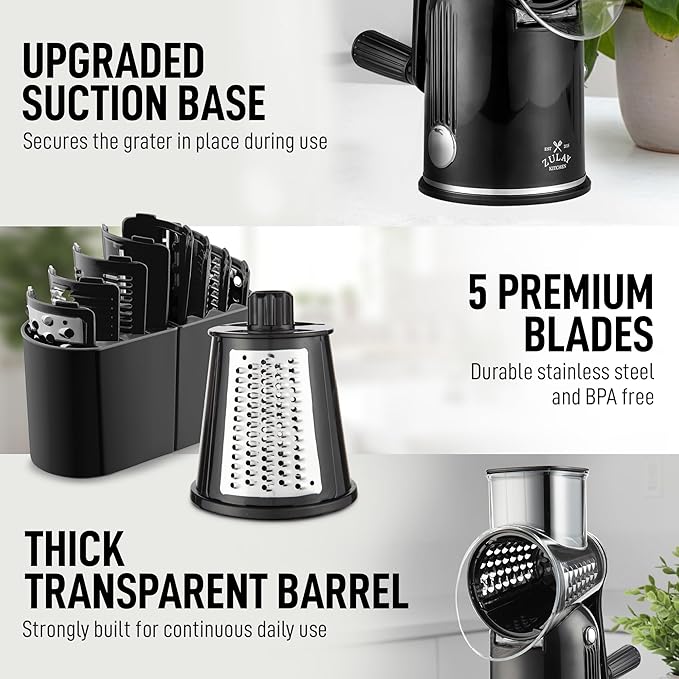Zulay Kitchen Rotary Cheese Grater 5 Blade Cheese Shredder - Manual Hand Crank Cheese Grater With Reinforced Suction & 5 Interchangeable Drums - Easy to Use, Vegetable Chopper Round Mandoline Slicer - Image 8