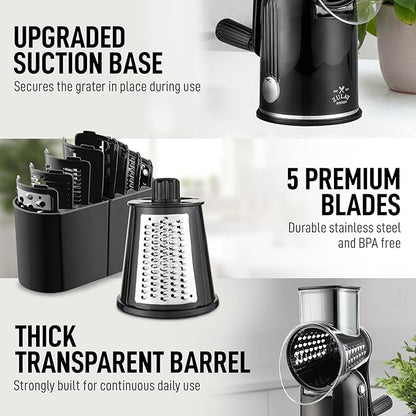 Zulay Kitchen Rotary Cheese Grater 5 Blade Cheese Shredder - Manual Hand Crank Cheese Grater With Reinforced Suction & 5 Interchangeable Drums - Easy to Use, Vegetable Chopper Round Mandoline Slicer - Image 8