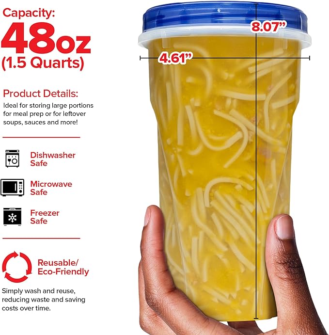 Stock Your Home 48oz Plastic Containers with Twist Top Lids (6 Pack), 1.5 Quart Freezer Containers with Lids for Leftover Food, Airtight Reusable Soup Containers, Microwave and Dishwasher Safe - Image 3