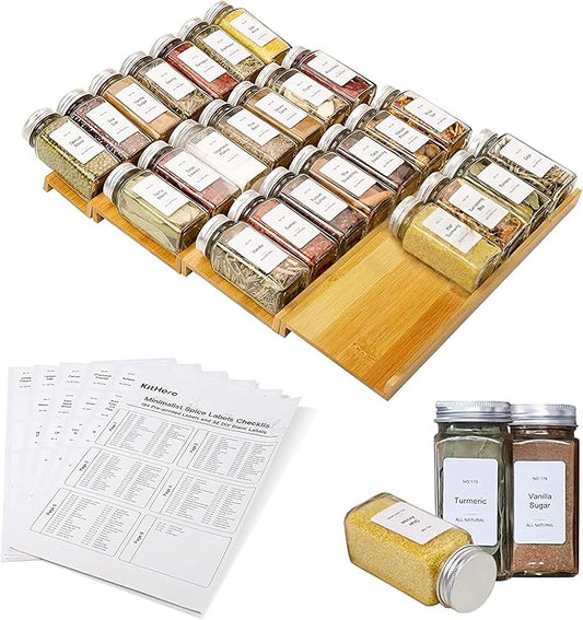 Spice Drawer Organizer with 28 Spice Jars and 216 Labels,Non-slip Rubber, Bamboo 4 Tier Spice Racks Tray Seasoning Containers for Kitchen Drawers,Cabinets,Countertops,13" Wide * 15.8" Deep