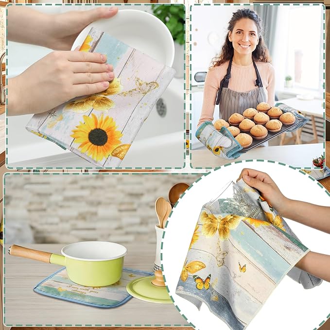 Fourluoo 10 Pcs Sunflower Kitchen Decor and Accessories Set Sunflower Kitchen Towels and Rugs Oven Mitts and Pot Holders for Cooking Baking Mom Housewarming Gifts - Image 6