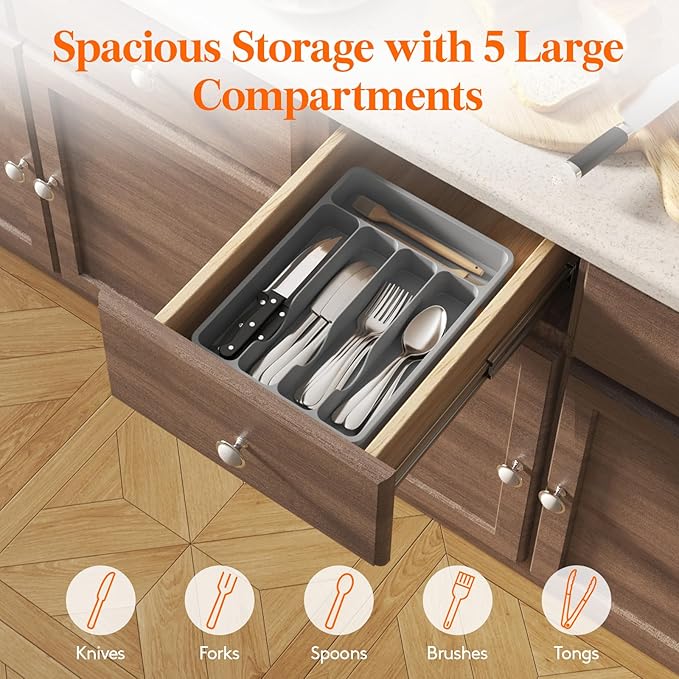 Lifewit Silverware Drawer Organizer Tray, Plastic Cutlery Storage for Kitchen, Flatware and Utensil Holder Divider for Spoons Forks Knives Tableware, 9.1 x 12.6", 5 Slots, Gray - Image 4