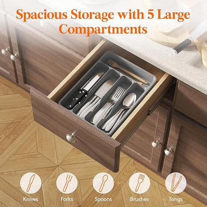 Lifewit Silverware Drawer Organizer Tray, Plastic Cutlery Storage for Kitchen, Flatware and Utensil Holder Divider for Spoons Forks Knives Tableware, 9.1 x 12.6", 5 Slots, Gray - Image 4