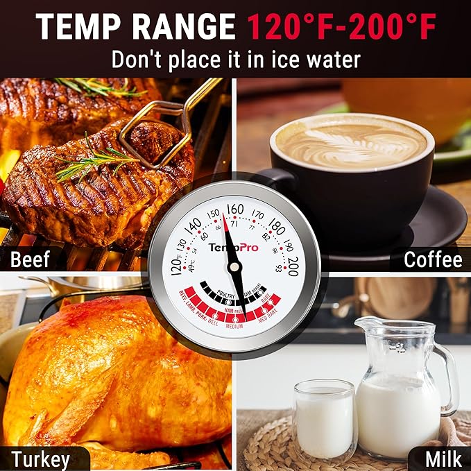 TempPro APT200 2 Pcs Meat Thermometer for Cooking with Extra-Large 2-Inch Dial, Analog Dial Food Cooking Thermometer for Poultry, Pork, Beef Candy Making Accessory (Previously ThermoPro) - Image 8