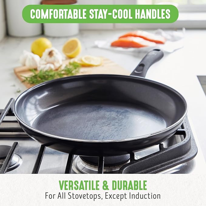 GreenLife 16 Piece Nonstick Cookware Set, Soft Grip Non-Toxic PFAS-Free Ceramic Pots & Pans, Dishwasher & Oven Safe, Frying, Sauce, Saute, Utensils, Glass Lids, Stay-Cool Handles, Wobble Free, Black - Image 6