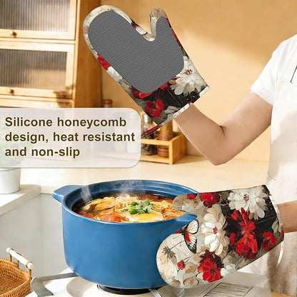 Oven Mitts and Pot Holders White Red Flower Silicone Kitchen Accessories Set of 4 Heat Resistant Gloves Butterfly Potholder Non-Slip Grip for Chef Cooking Baking Grilling BBQ