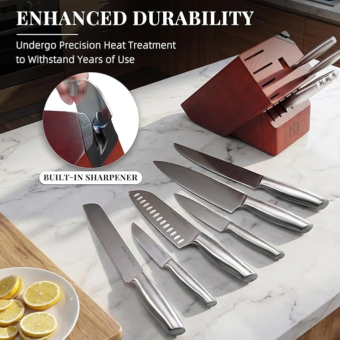 KnifeSaga Knife Set Premium, Japanese High Carbon Stainless Steel 14 Pcs Kitchen Knives Block Set with Built-in Sharpener and Wood Block, Razor Sharp Knife Sets for Kitchen with Ergonomic Handle - Image 5