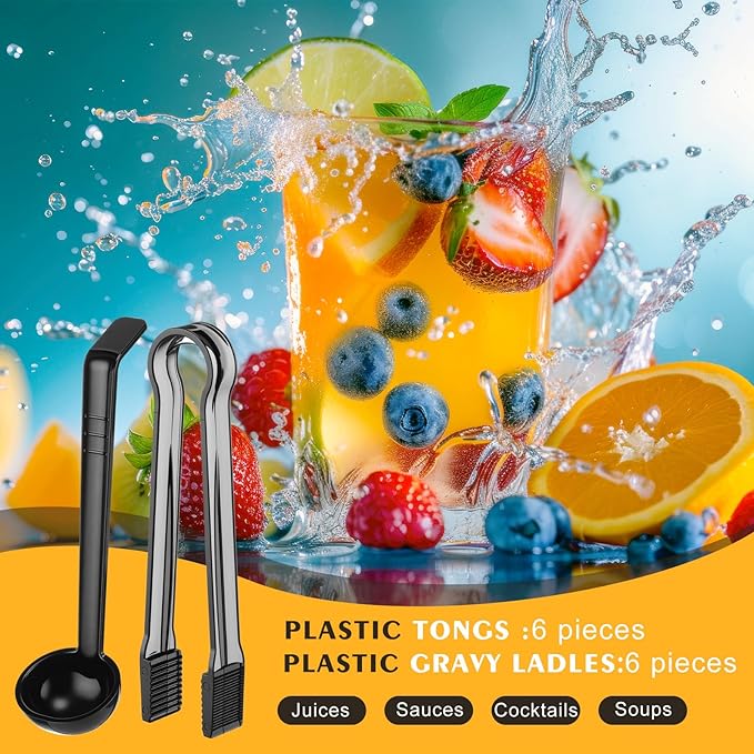 12 Pieces Plastic Serving Utensils Set Including 6 Pcs 1 oz Small Ladle and 6 Pcs Tong Acrylic Long Handle Ladle for Serving Sauce, Soup, Dressing, Punch Bowl, Gravy for Party Banquet Catering(Black) - Image 3