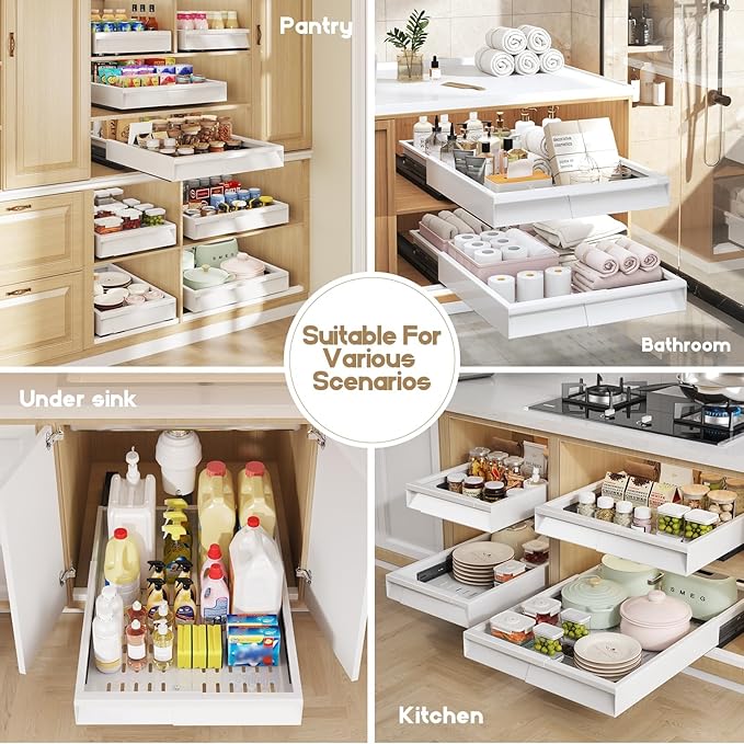 Seinloes 2 Pack Pull Out Cabinet Organizer With Raising Pad for Framed Cabinets,Expandable Width (11"-16") and Depth (17"-24"),3 Slide Rails Slide Out Drawers with Handle,No-Drill Roll Out Shelf,White - Image 7